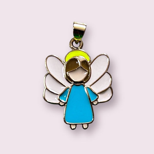 DIJE ÁNGEL ESMALTADO COLOR AZUL Y CADENA DE ORO LAMINADO DE 18K